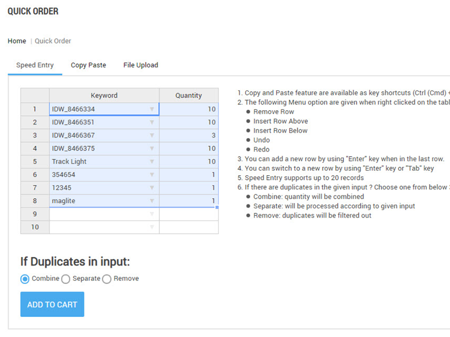 Unilog commerce tool : Quick Order Pad