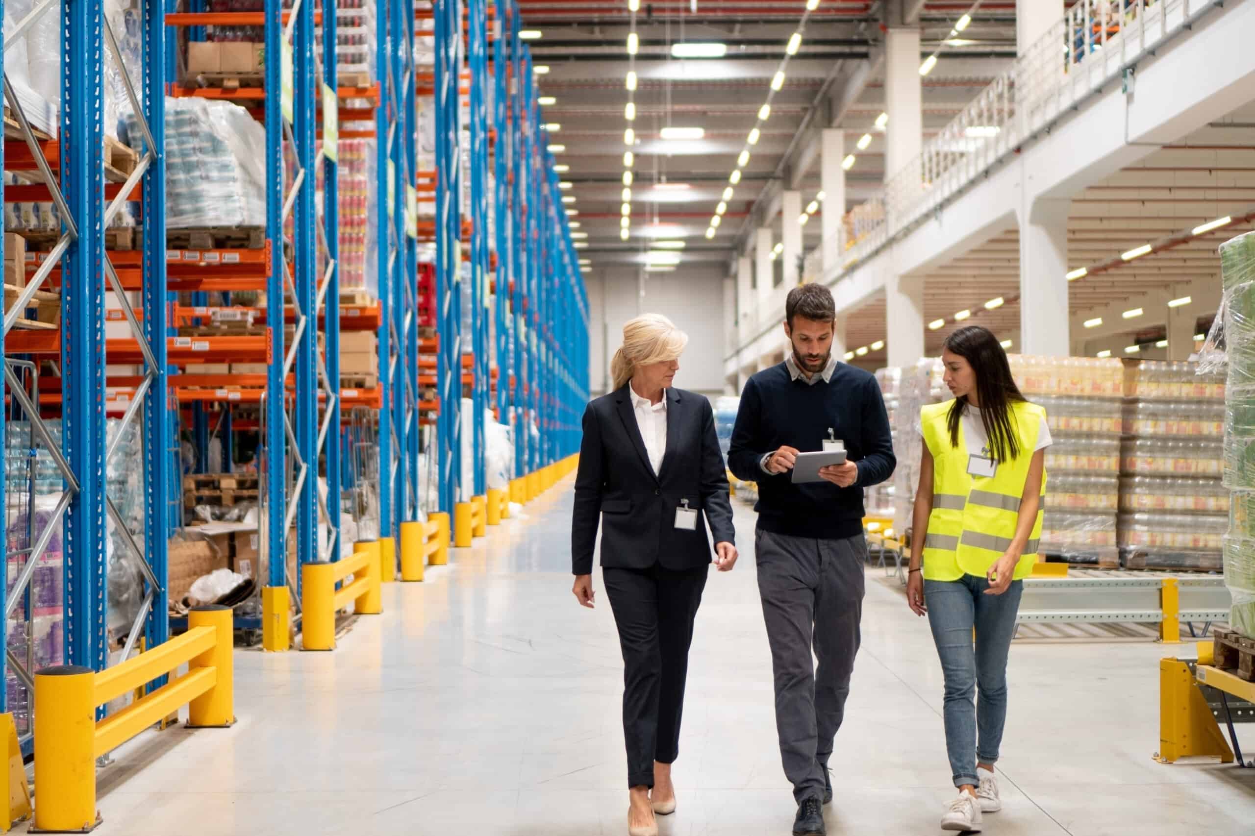 Managers visit warehouse Managers visit warehouse.
