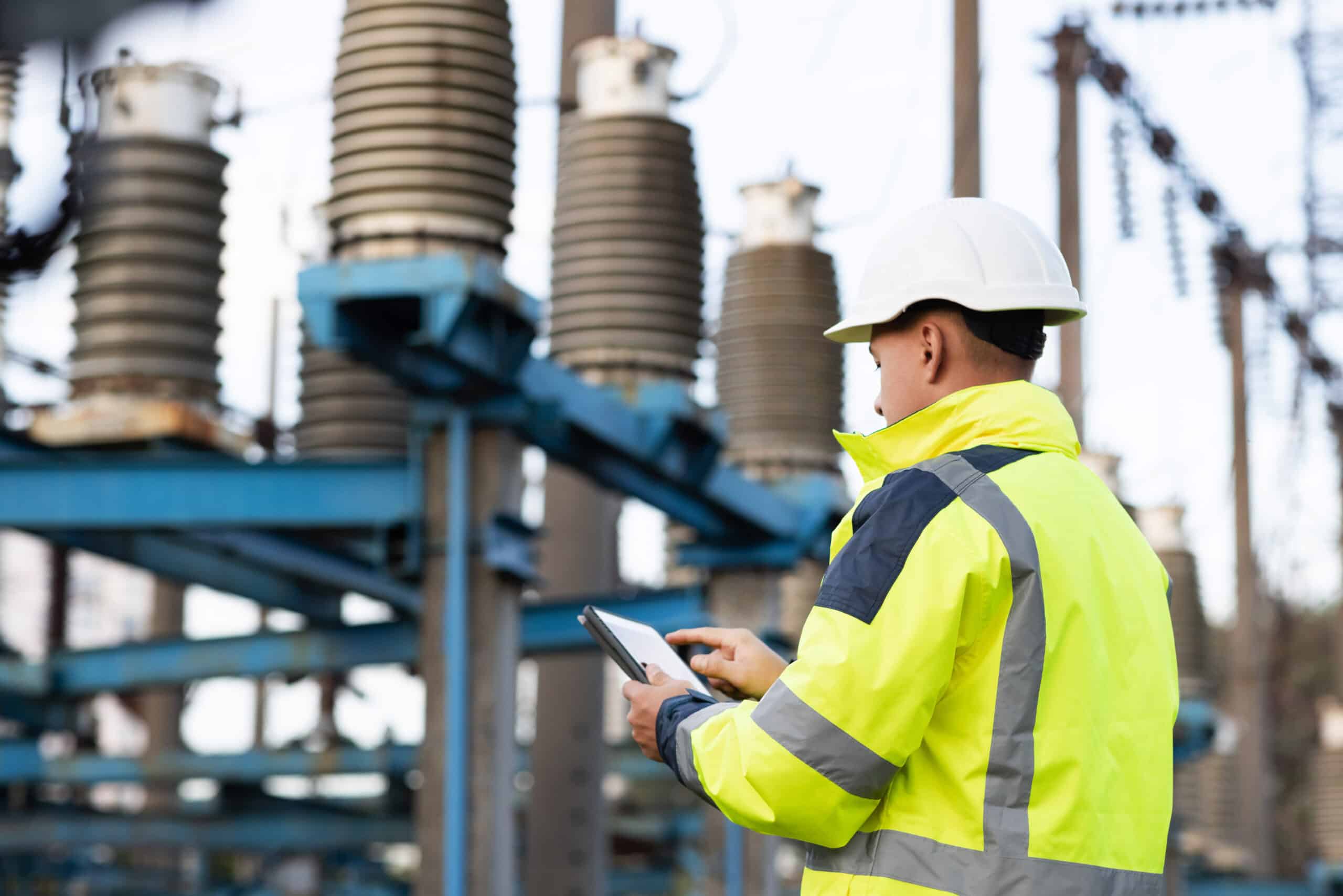 Electrical engineer studying reading on tablet. Electrical worker engineer a working with digital tablet, power near tower with electricity. Energy business technology industry concept Electrical engineer studying reading on tablet. Electrical worker engineer a working with digital tablet, power near tower with electricity. Energy business technology industry concept.