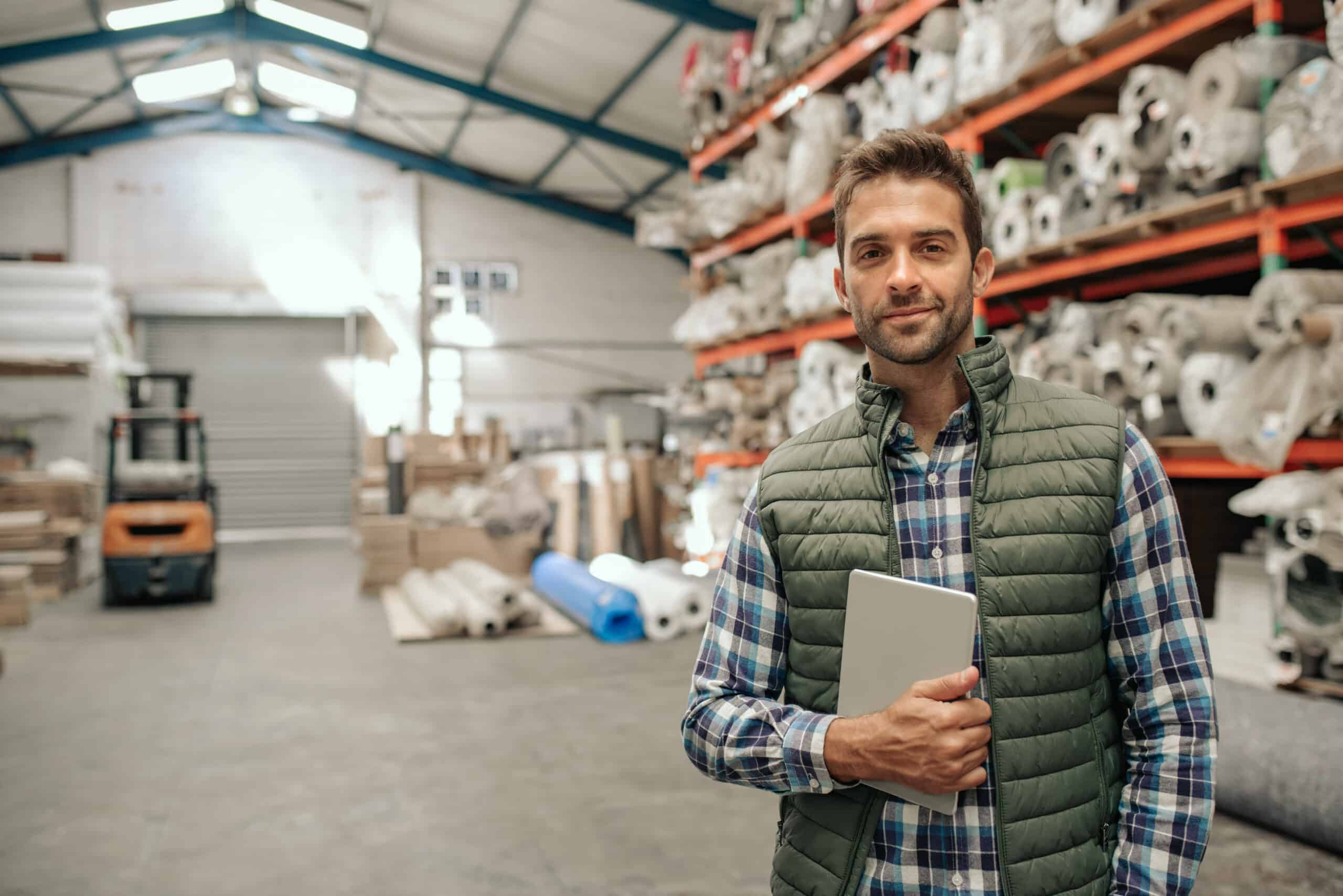 Smiling worker holding his digital tablet in a large warehouse industrial