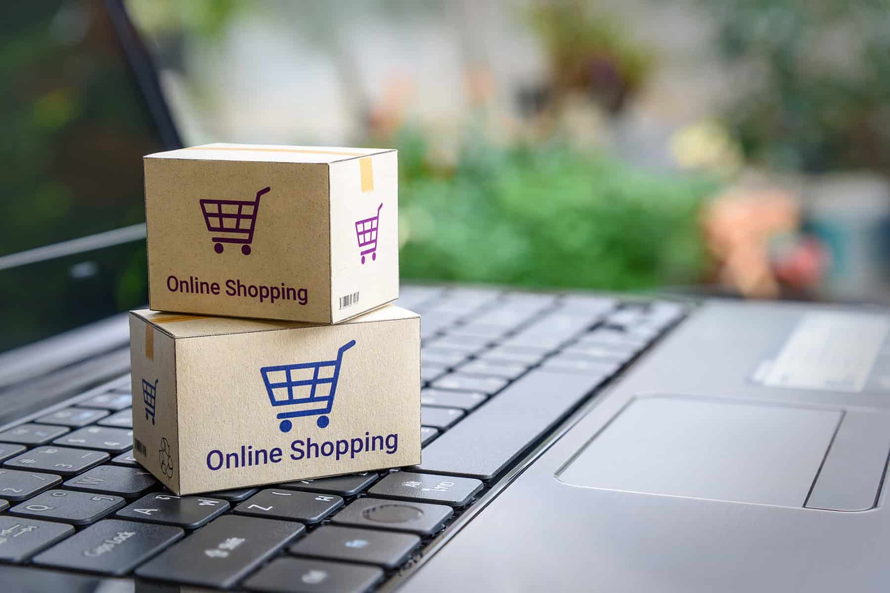 Online shopping boxes on computer