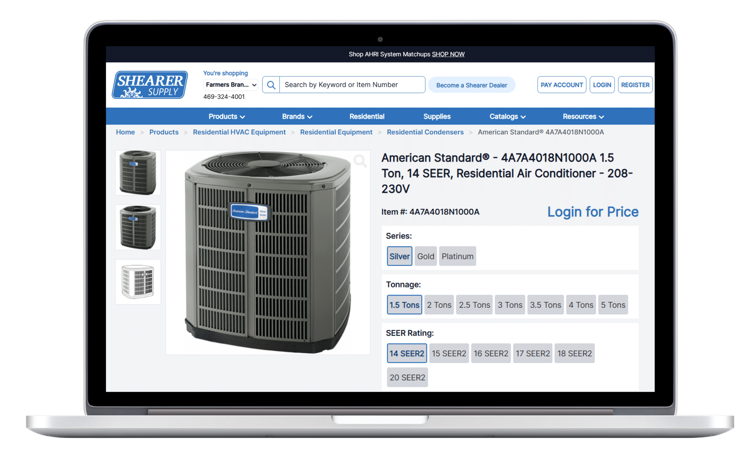 Product group with multiple variants HVAC Unit Product Page