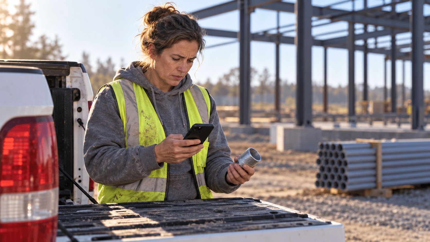 An electrical contractor in a hi-vis vest stands at the tailgate of her pickup on a construction site, placing a reorder on her phone while holding a conduit fitting.
