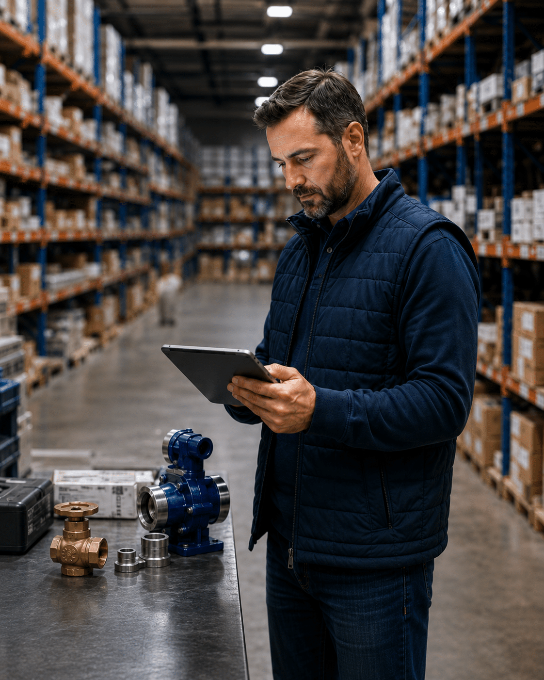A distributor reviews enriched product data on a tablet in the warehouse