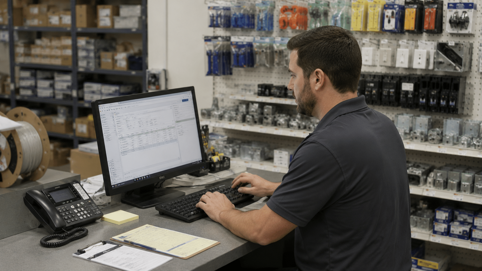 Parts-desk rep at a computer