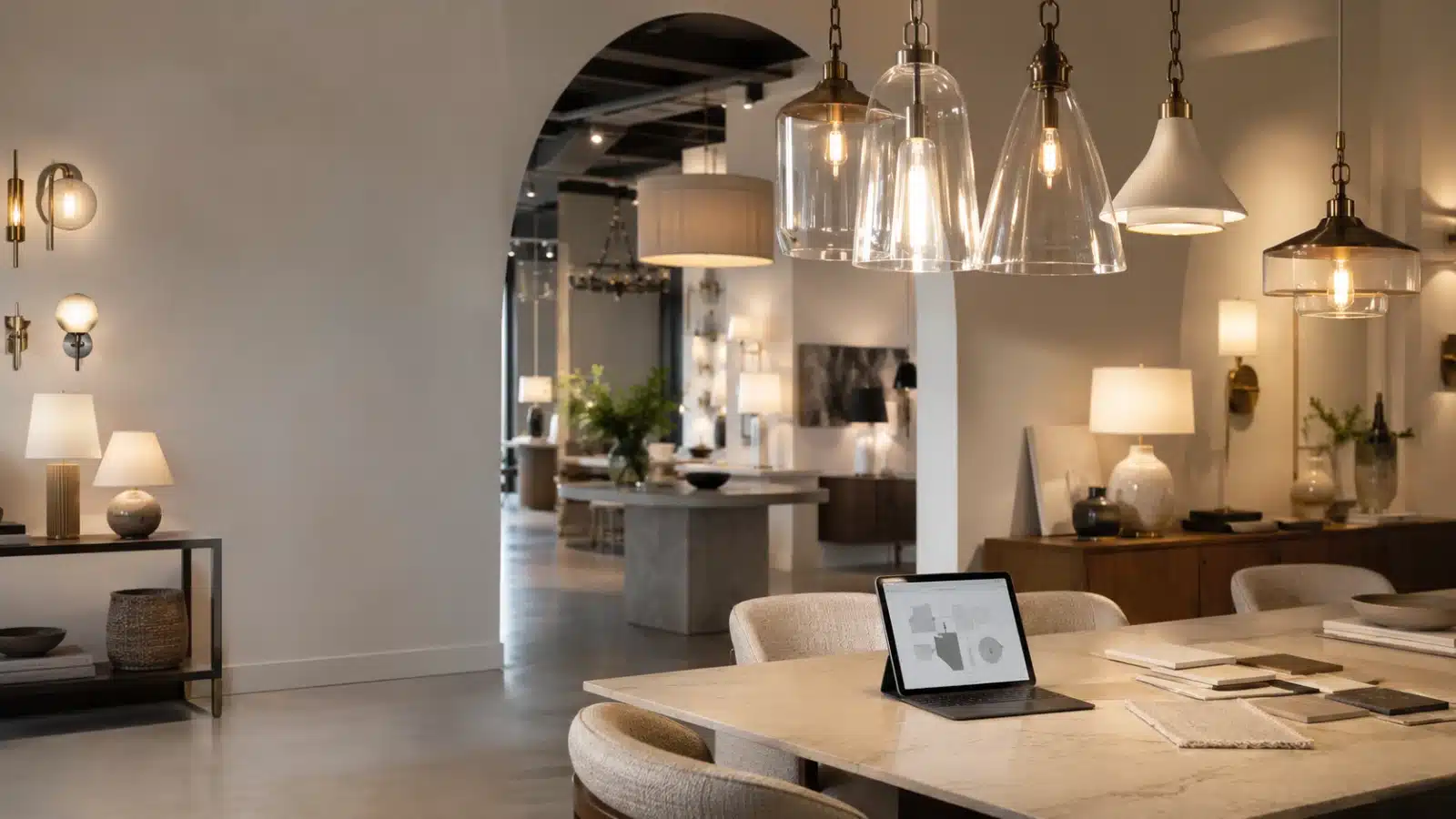 Decorative lighting showroom with design workspace for product presentations