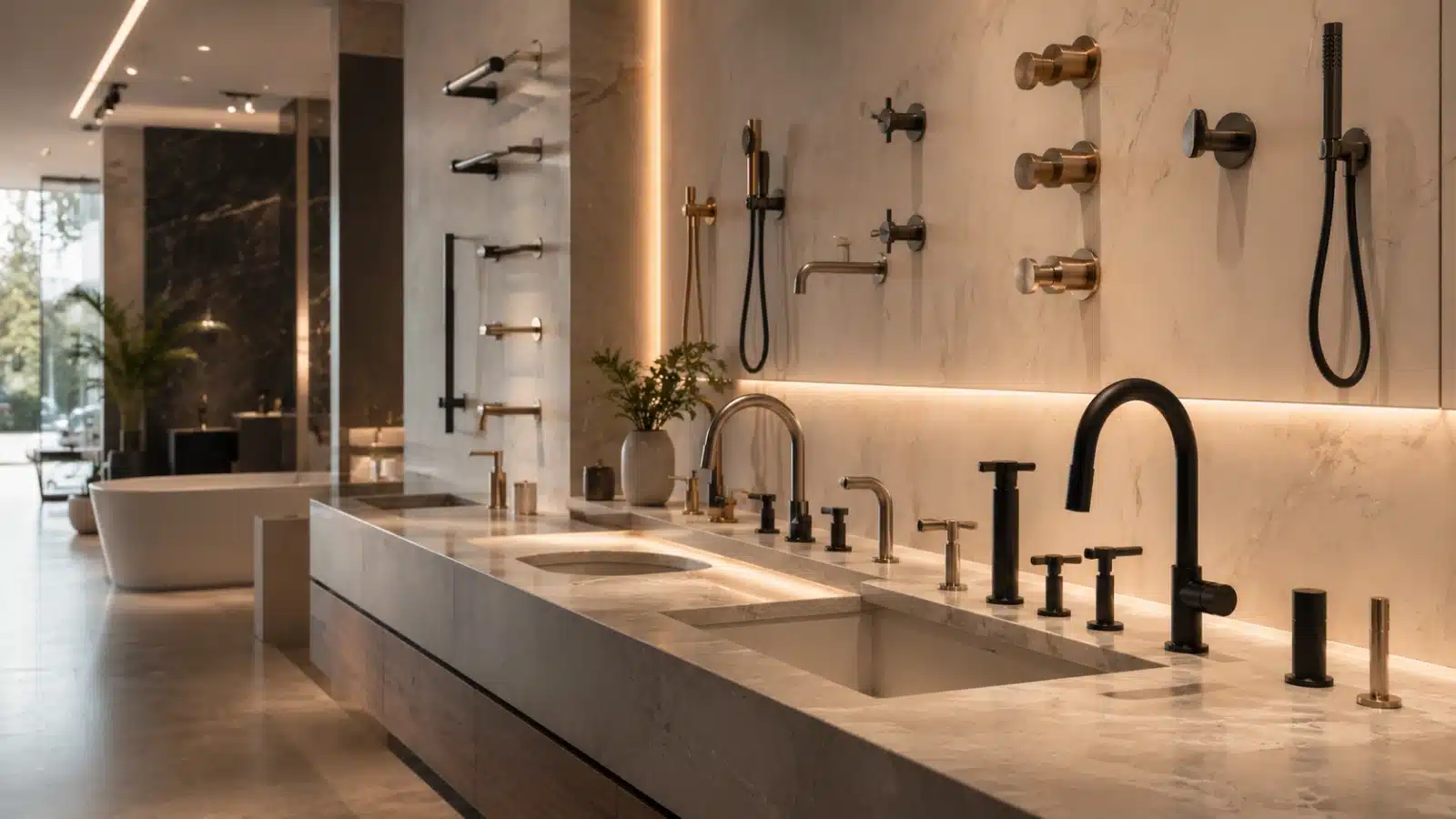 Luxury kitchen and bath showroom with modern plumbing fixture displays