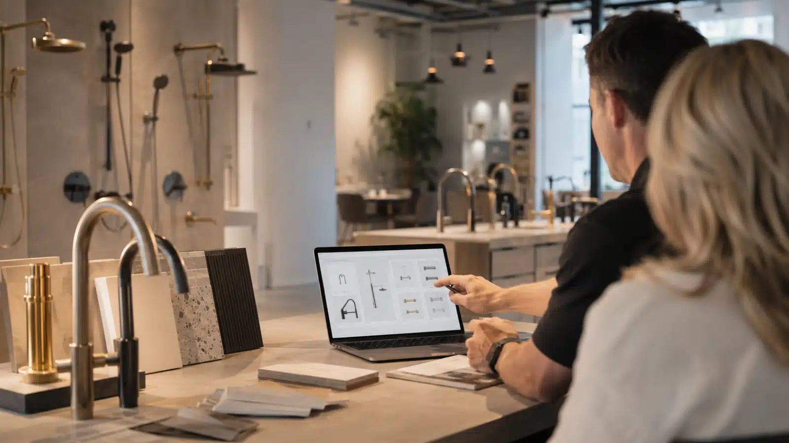 Plumbing and HVAC showroom consultation area with fixture selections
