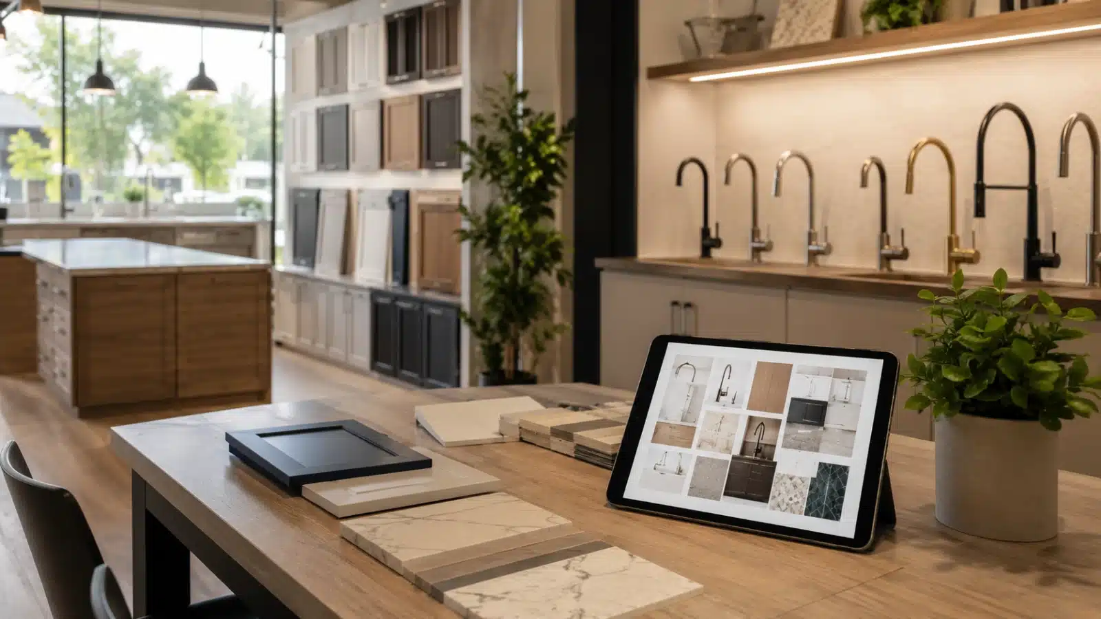 Approachable kitchen and bath design gallery with faucet displays and material samples