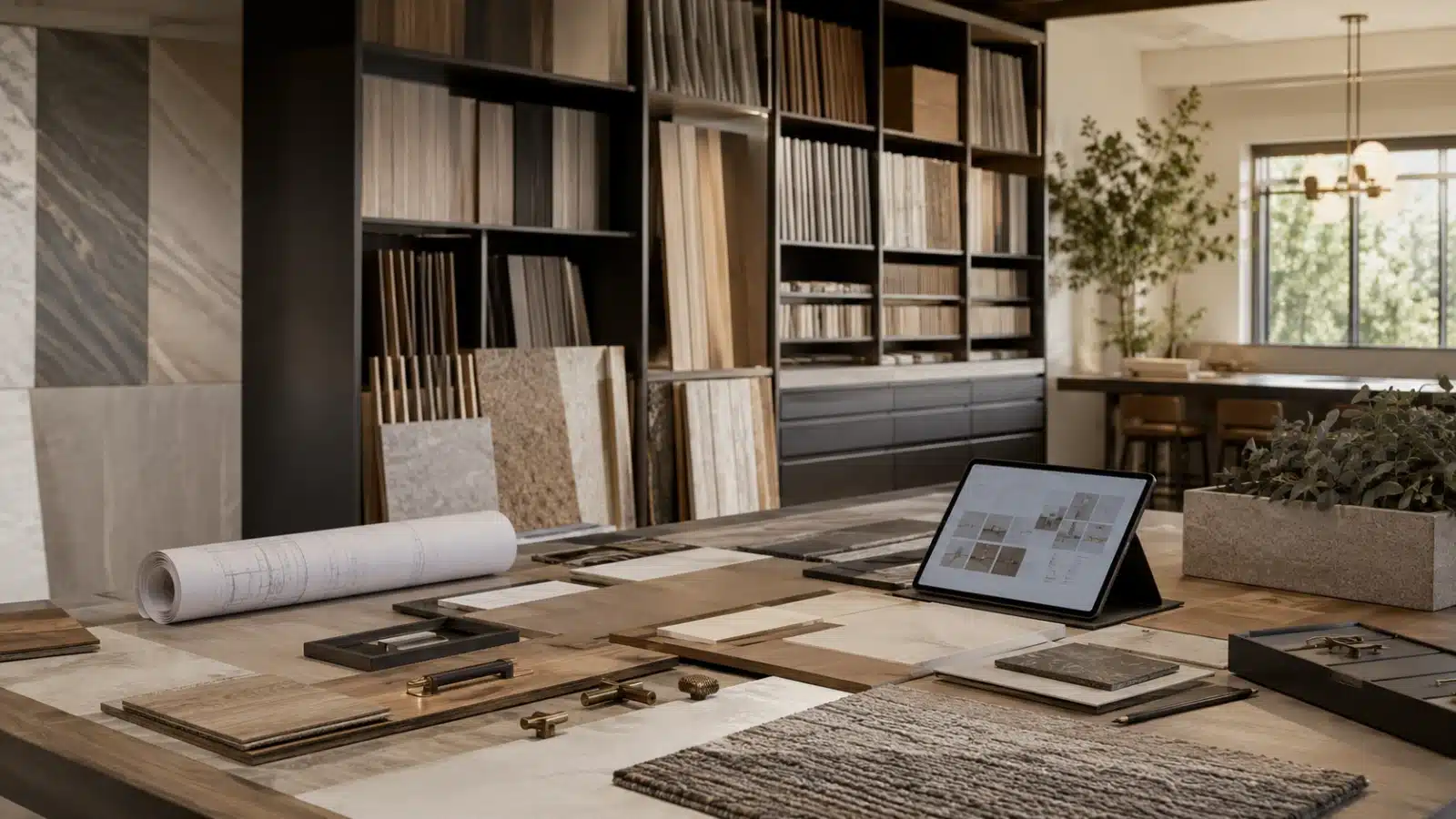 Interior design sample library workspace with tile, flooring, and hardware selections