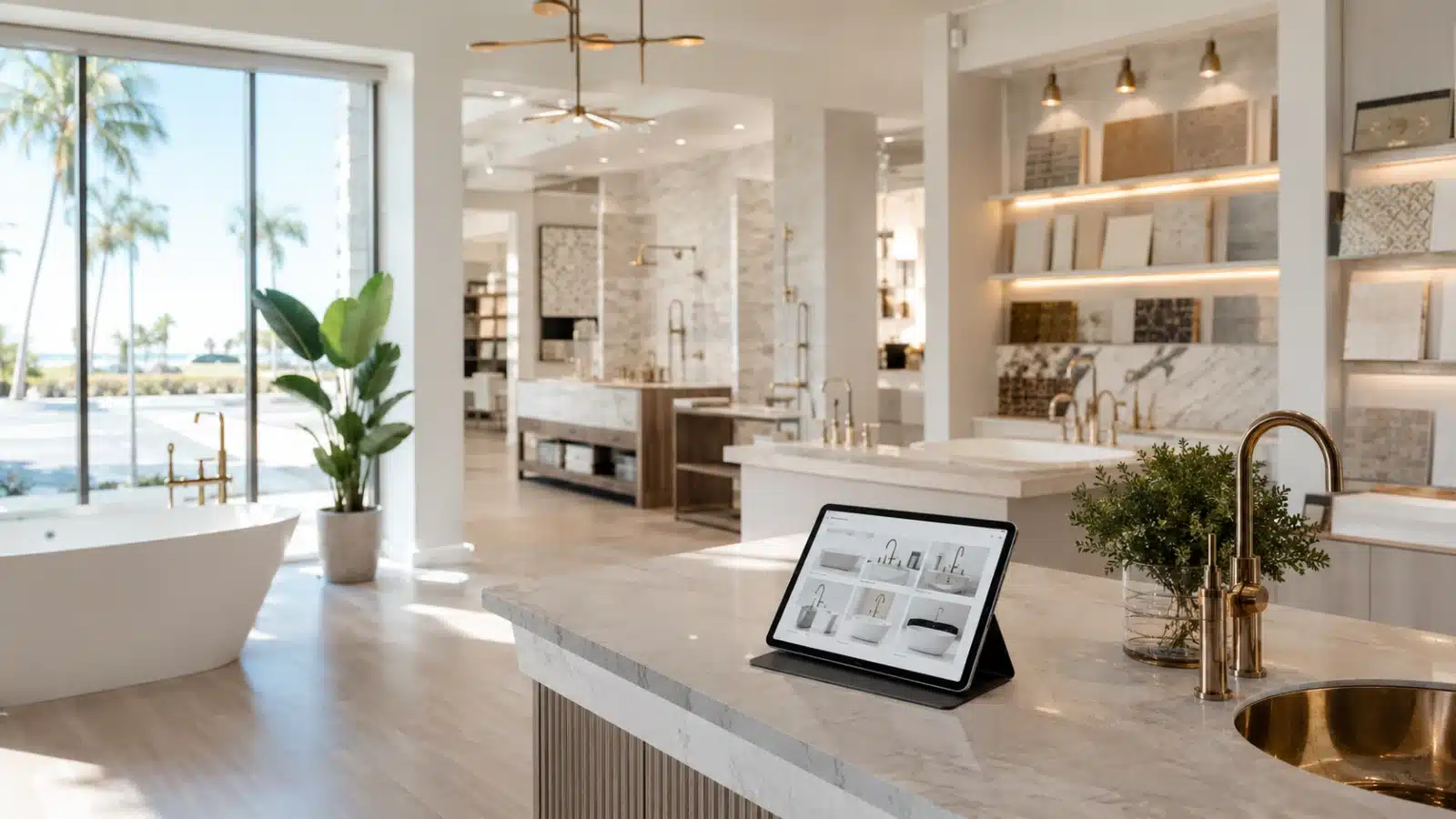 Stylish kitchen and bath showroom with curated fixture and stone displays