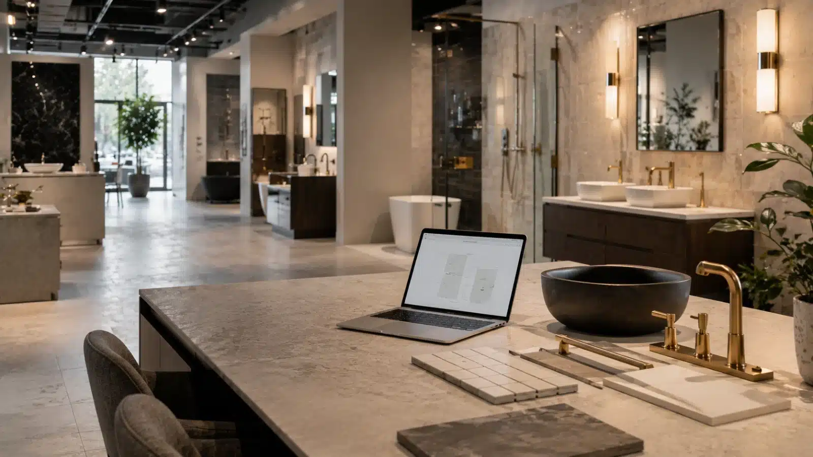 Luxury plumbing and tile showroom with consultation workspace