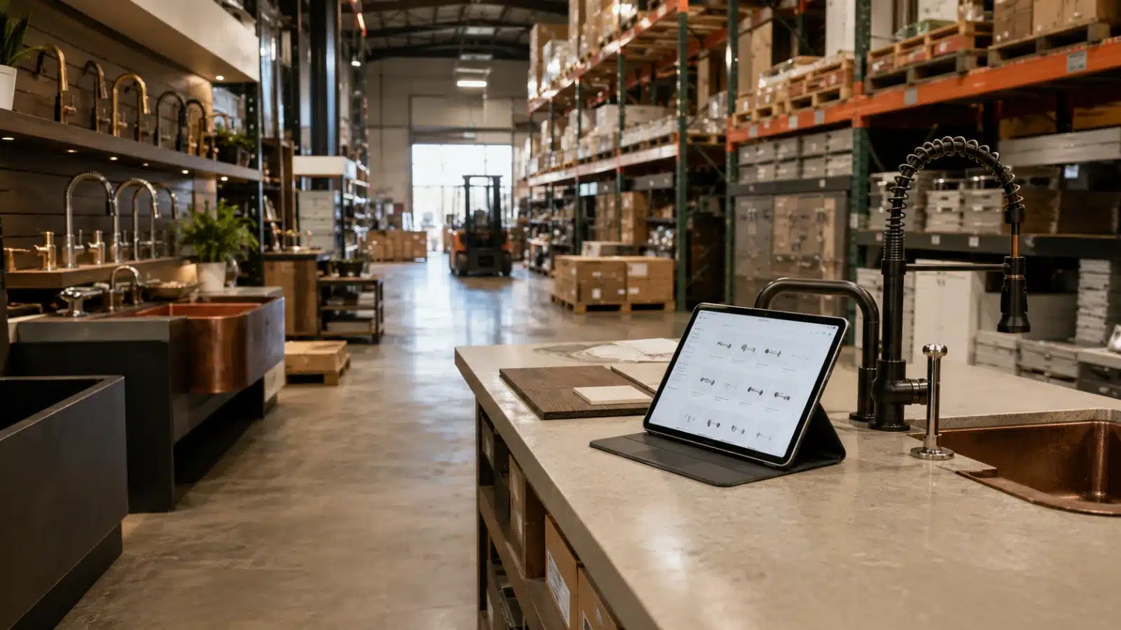 Plumbing supply and design environment combining warehouse shelving, fixtures, and digital catalog tools