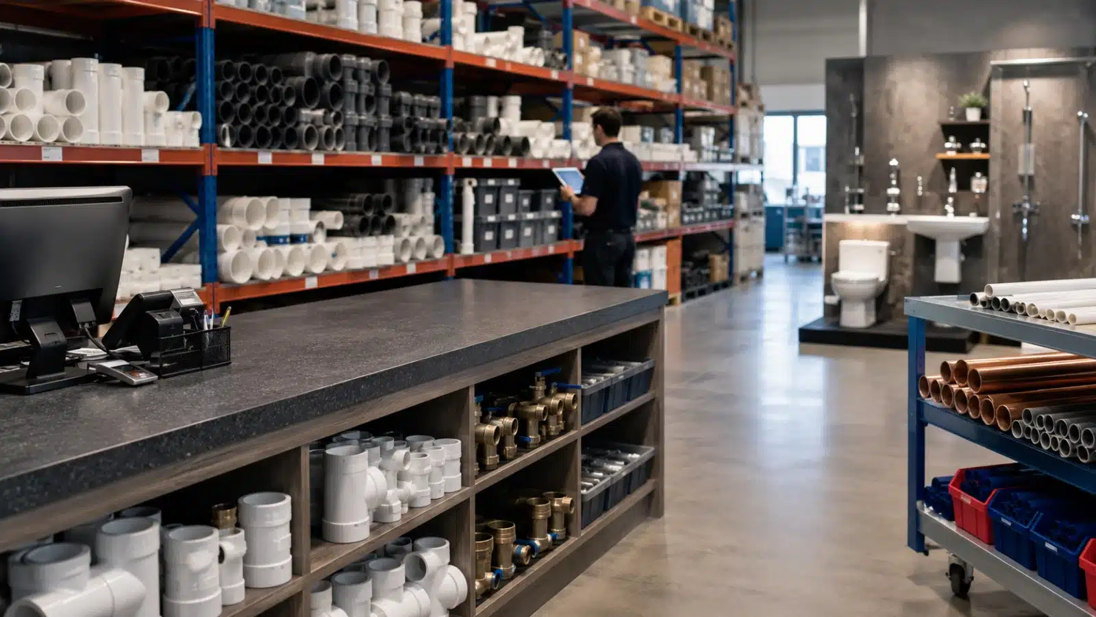 Plumbing supply branch with parts counter, warehouse shelving, and modest showroom display area