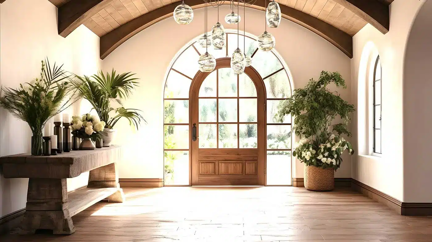 Finished home entryway with an arched wood door, glass pendant lighting, and a styled console table