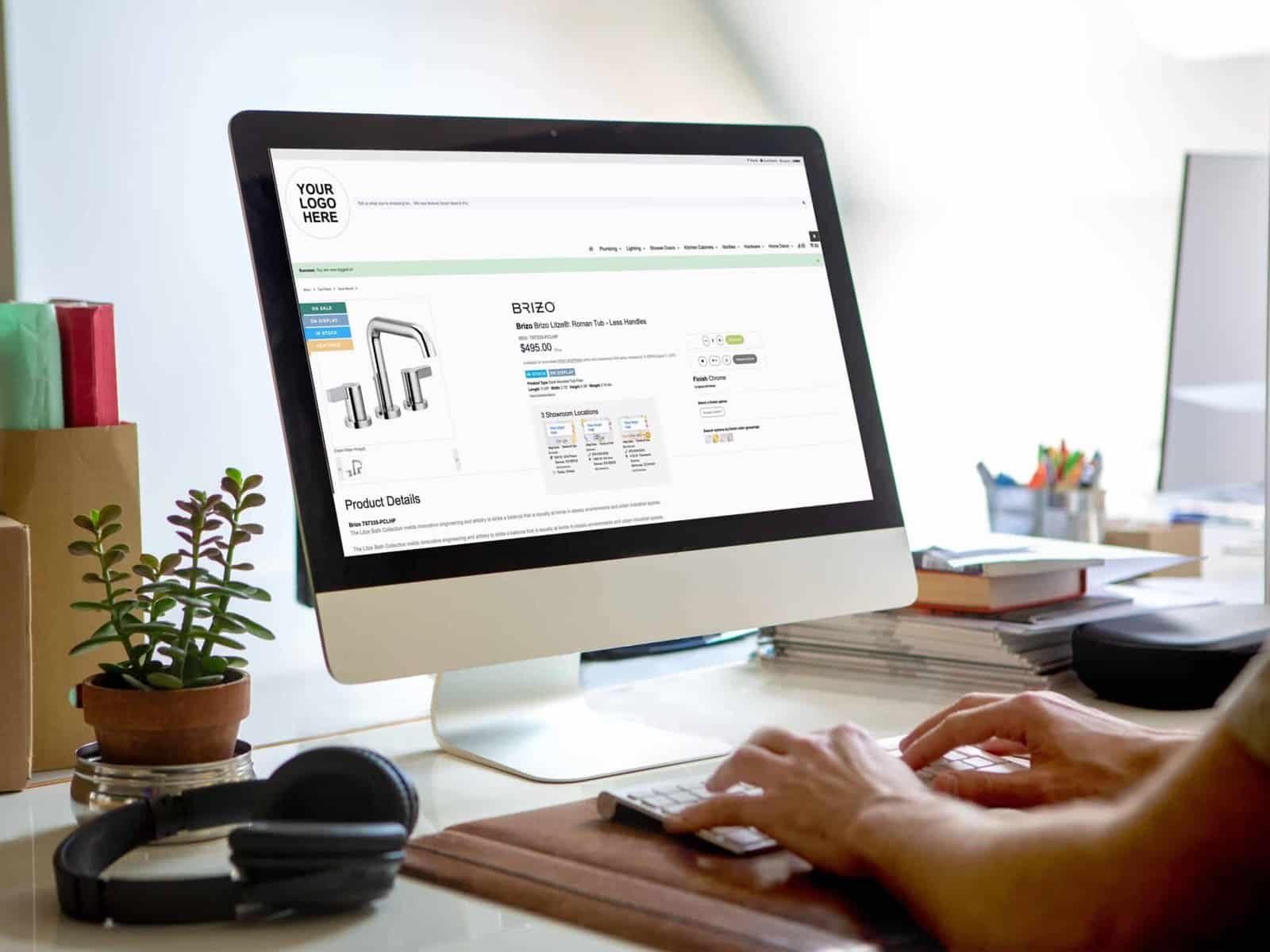 Plumbing product page on a desktop storefront, showing a faucet with specifications and pricing