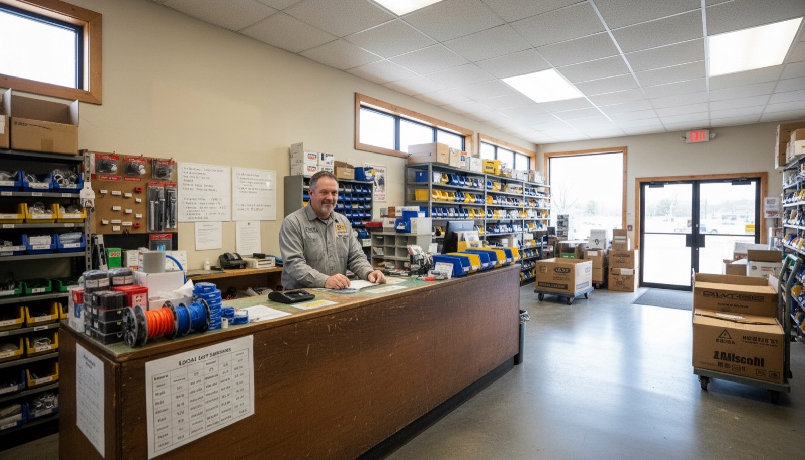 A distributor’s branch counter, one associate working the desk in front of the bin racks