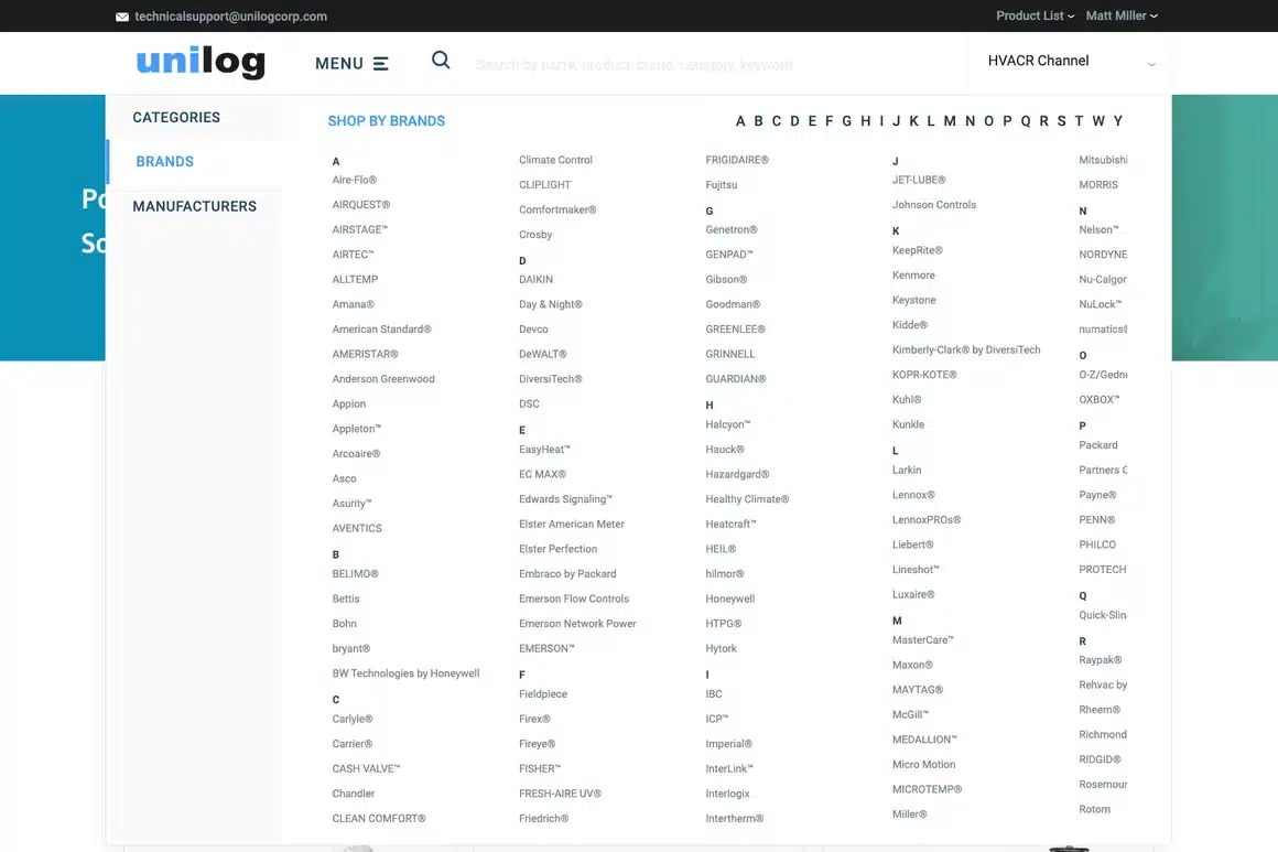 The shop-by-brands menu on a CX1 storefront, listing hundreds of HVACR manufacturer brands