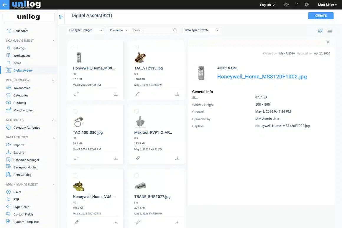 The digital asset library in CX1 PIM, with product images and documents organized in one place