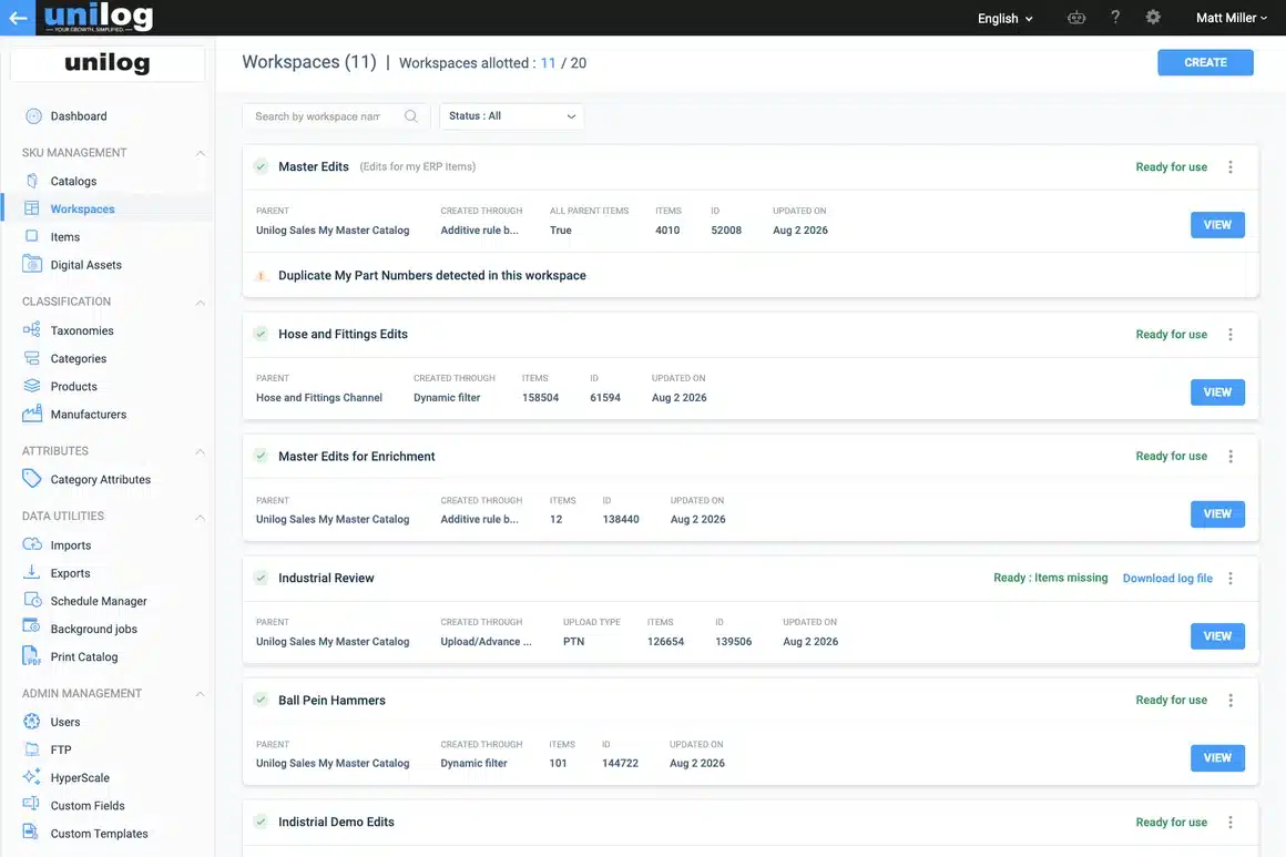 Workspaces in CX1 PIM, with catalogs of items staged for enrichment and review