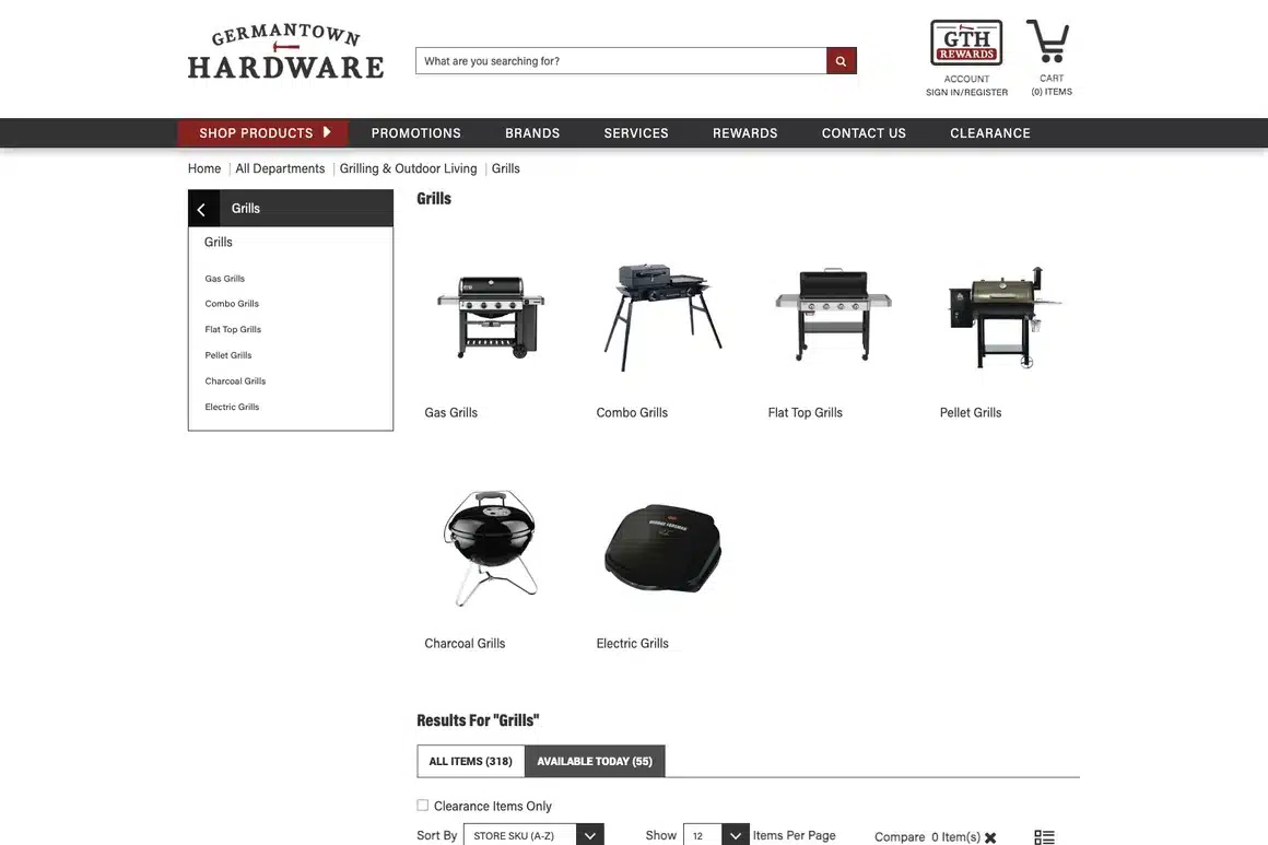 Germantown Hardware's grills category page with subcategories and filtered results