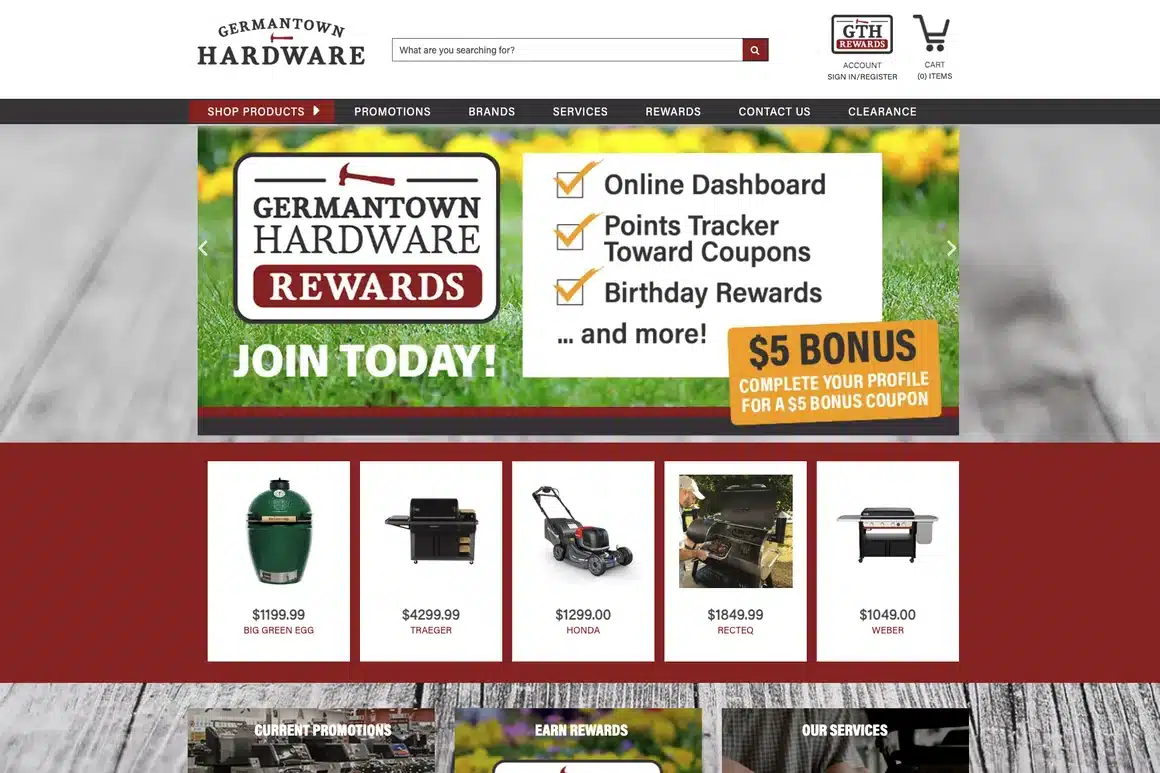 Germantown Hardware's online storefront homepage, built on CX1 eCommerce