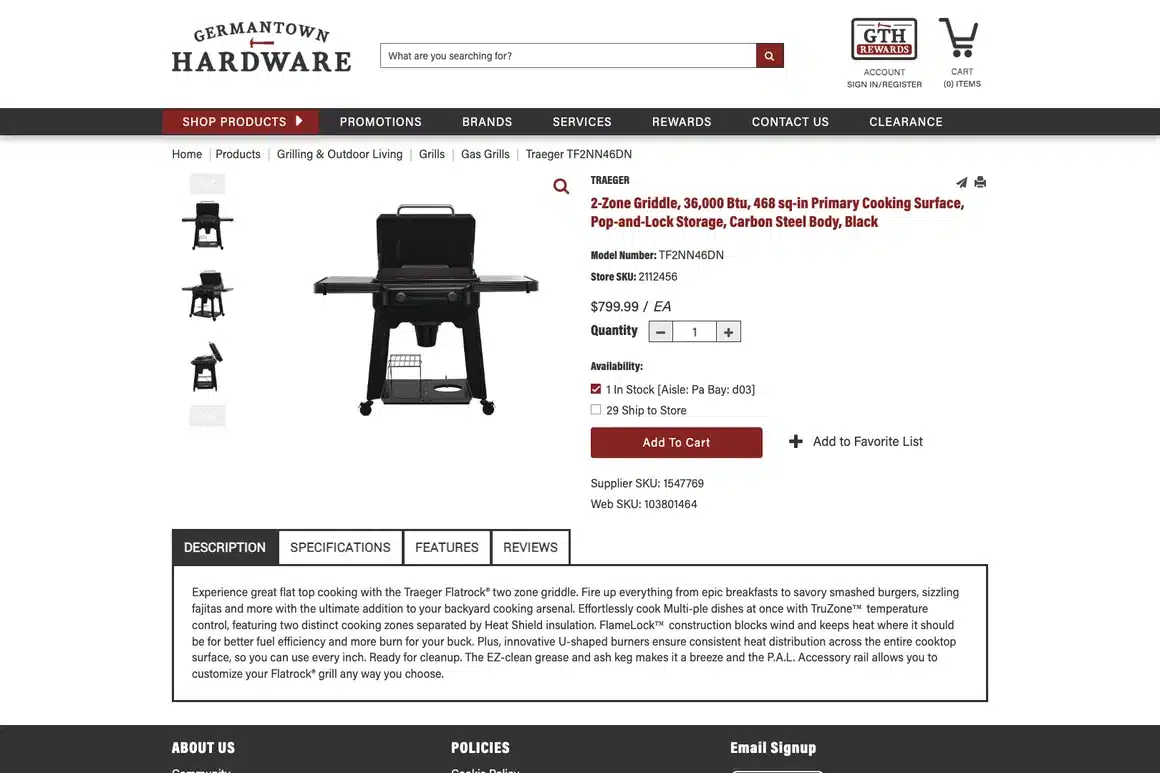 A Traeger griddle product page on Germantown Hardware's site, with live pricing, in-store stock and add to cart