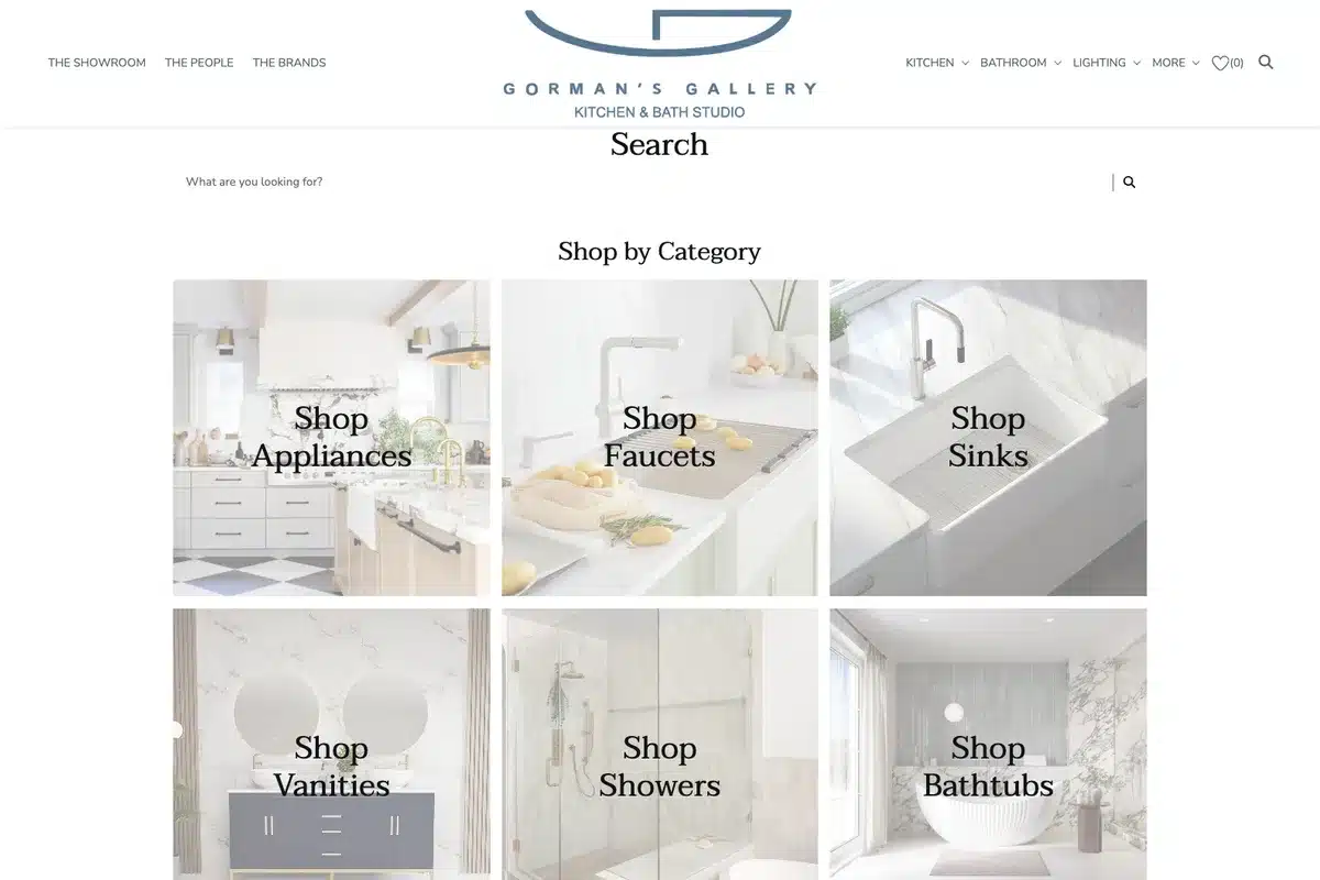 Gorman's Gallery CX1 Showroom site shop-by-category page