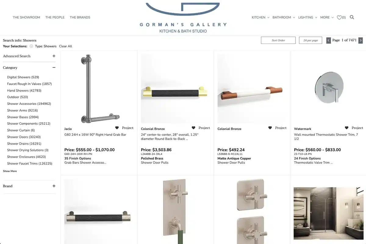 Gorman's Gallery CX1 Showroom site showers category