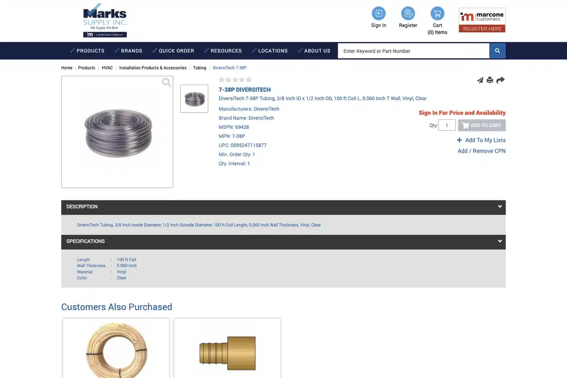A DiversiTech tubing product page on Marks Supply's site, with full specifications powered by enriched product content