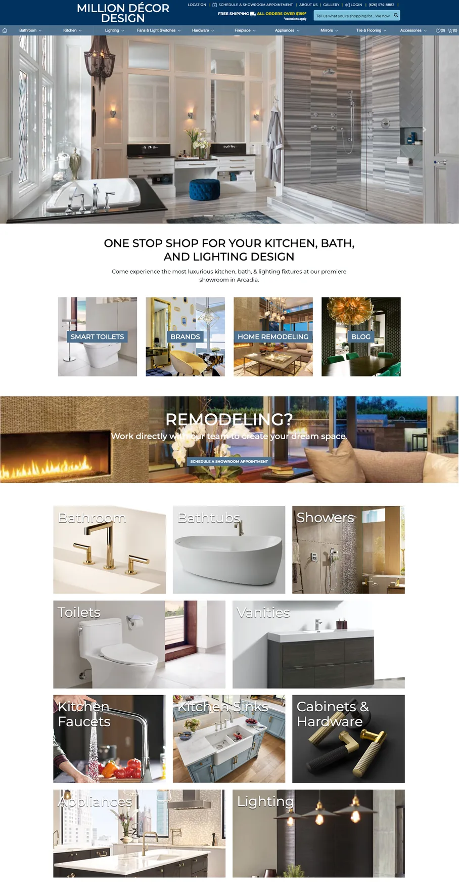The Million Décor Design home page, scrolling from the showroom hero through category tiles for bathroom, bathtubs, showers, toilets, vanities, kitchen faucets, sinks, cabinets and lighting