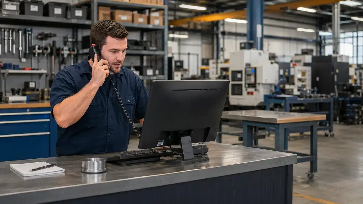 An inside sales rep on the phone at a workstation on the plant floor
