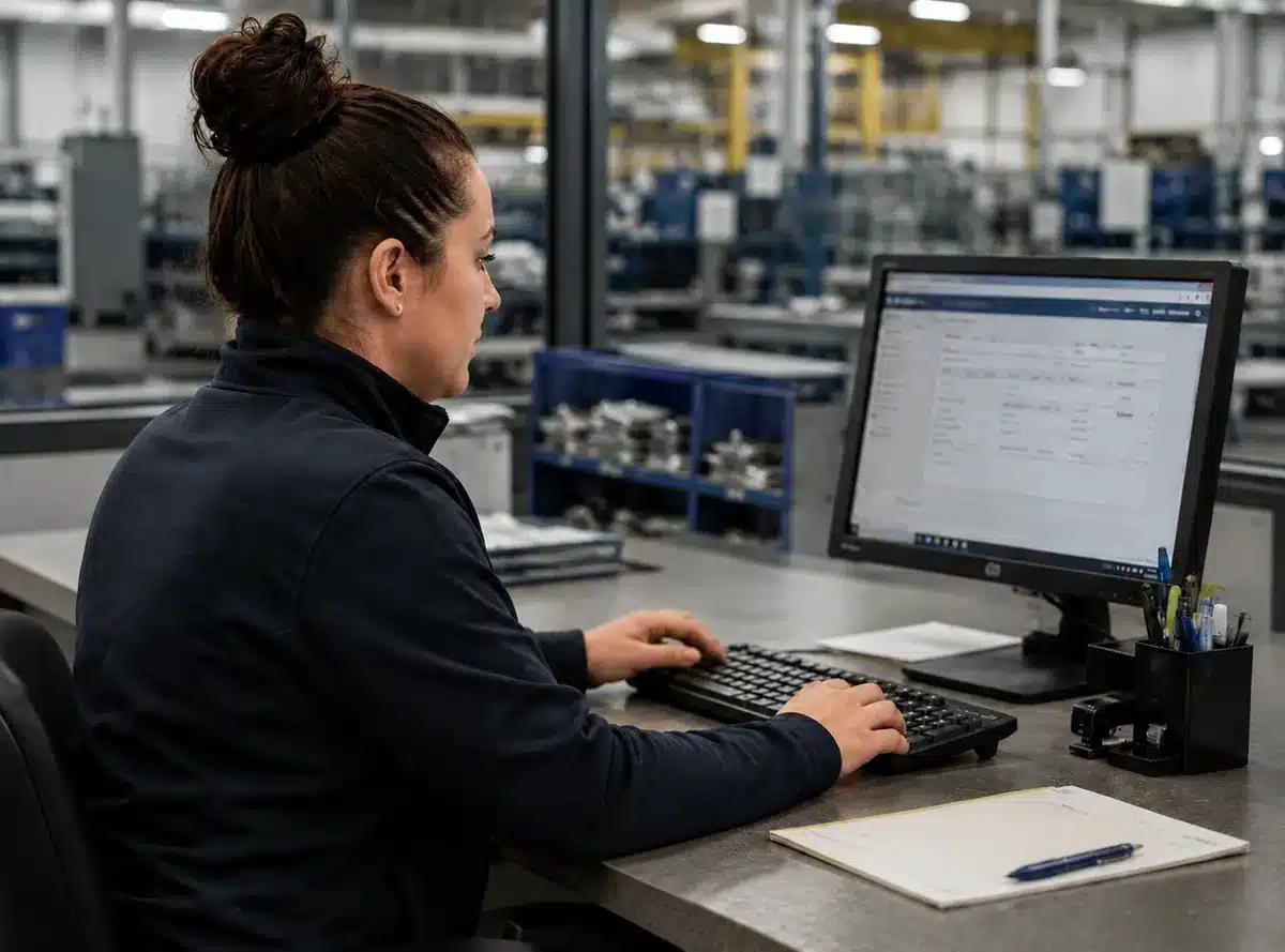 A product data specialist working a record at a workstation on a manufacturing floor