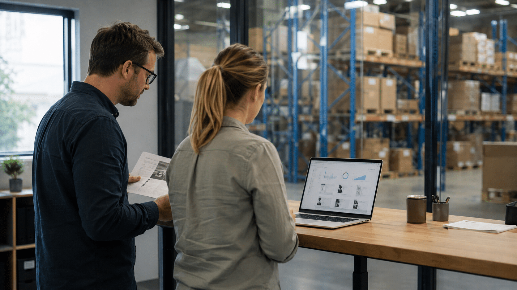 Two colleagues at a standing desk in a distribution company office reviewing a commerce dashboard on a laptop, with warehouse racking visible behind a glass partition