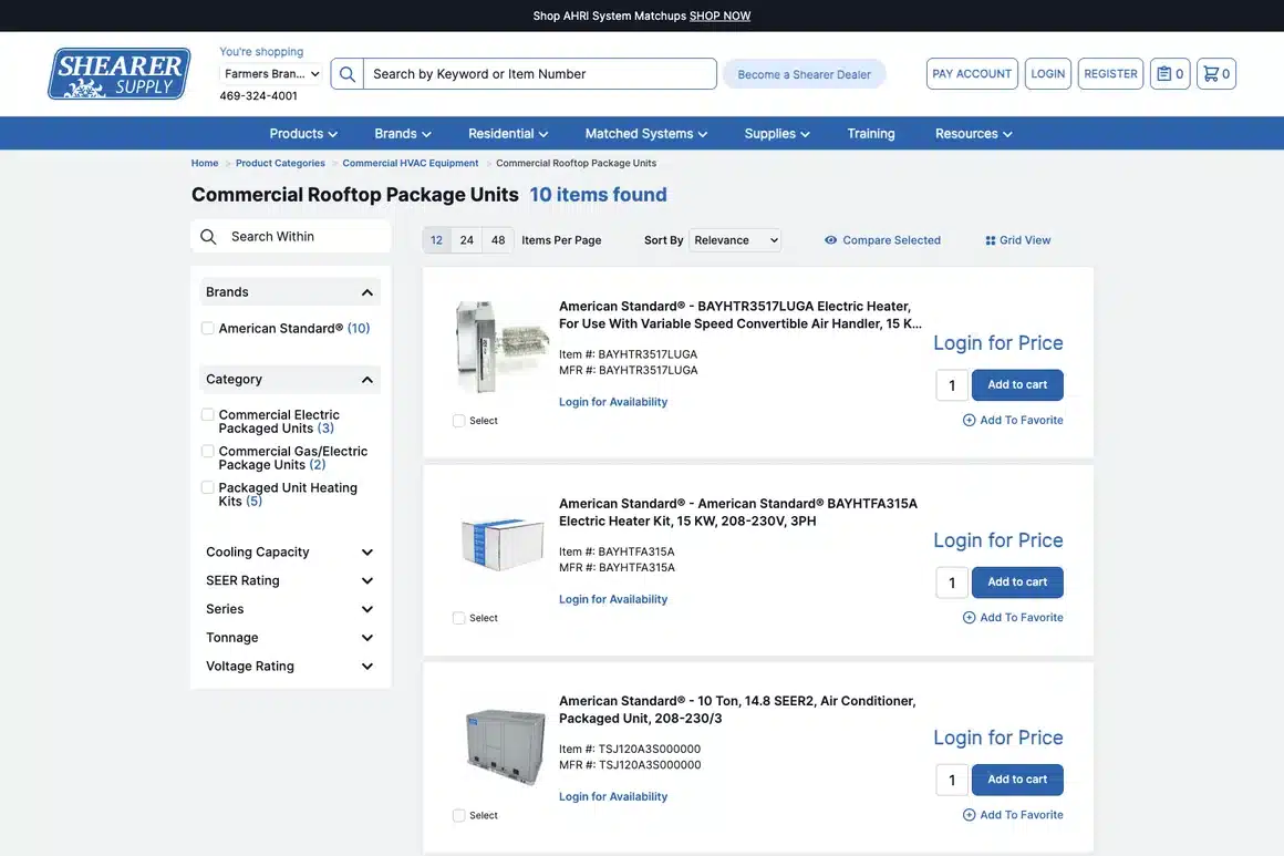 Shearer Supply's commercial rooftop package units category, with faceted filters built on enriched product data