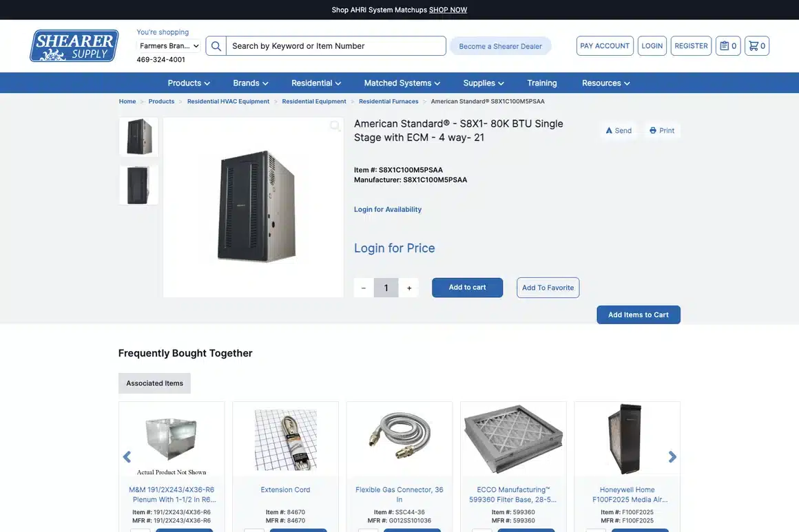 An American Standard furnace product page on Shearer Supply's site, with images, specs and frequently-bought-together items