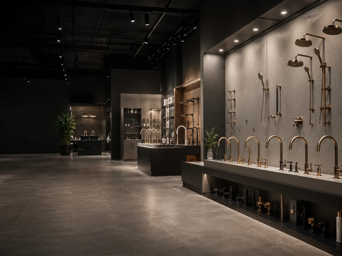 Showroom aisle of decorative plumbing fixtures on display