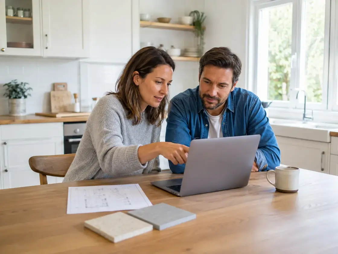 A customer browsing a showroom website at home and saving fixtures to a wish list