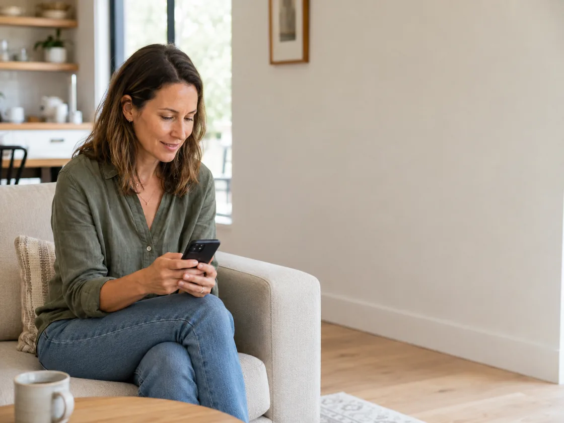 A homeowner reading her branded proposal on her phone at home