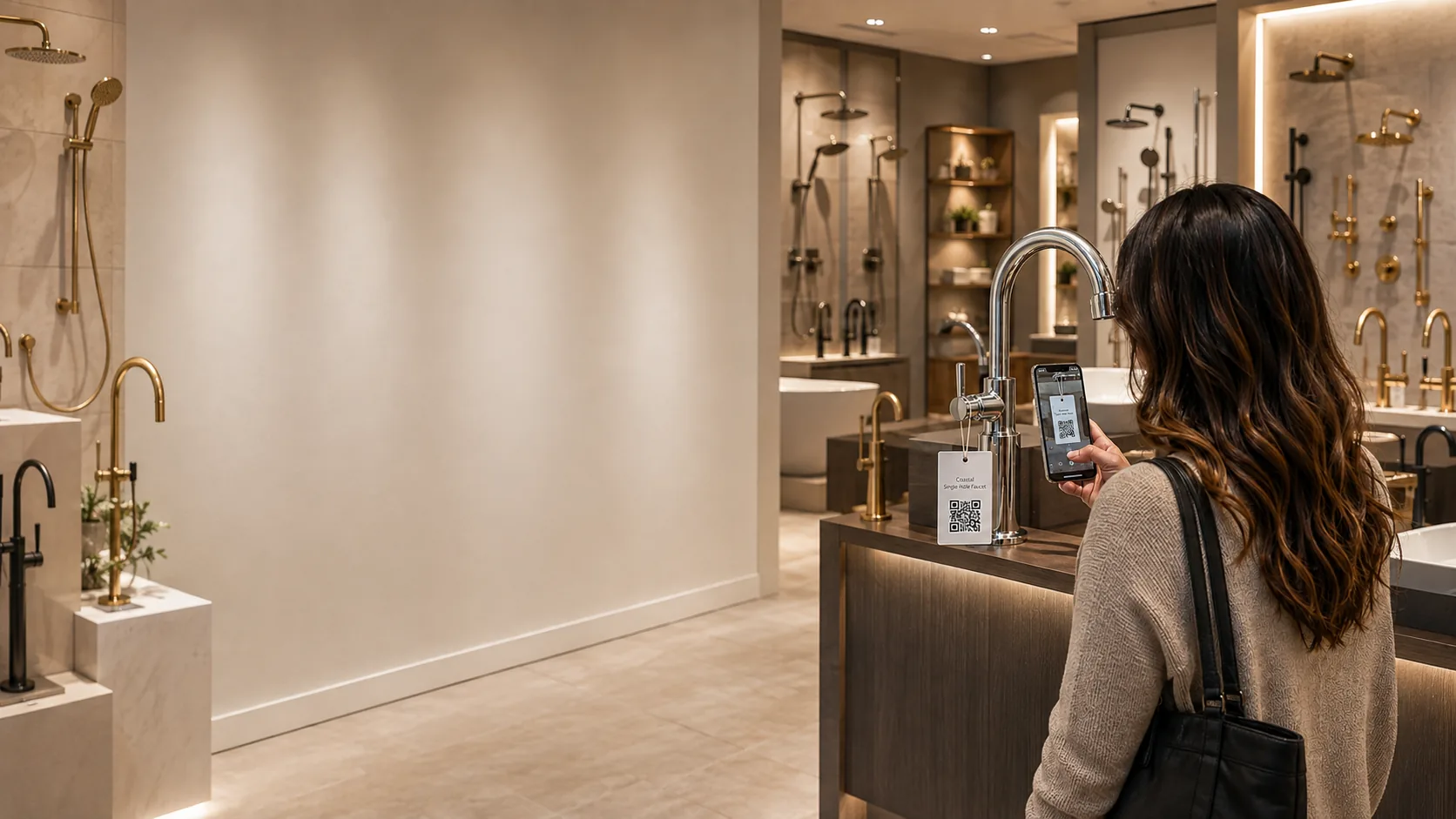 Customer scanning a showroom QR price tag to open the full product page