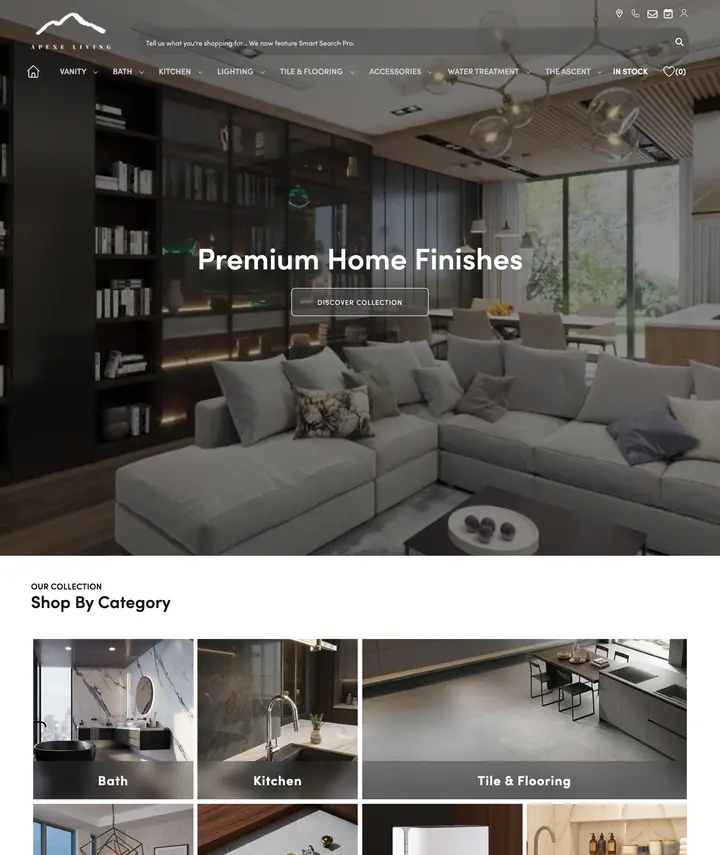 Apexe Living online showroom, built on CX1 Showroom
