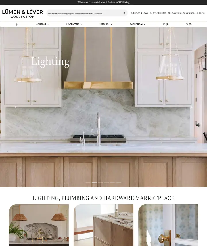 Lumen & Lever lighting and hardware showroom website