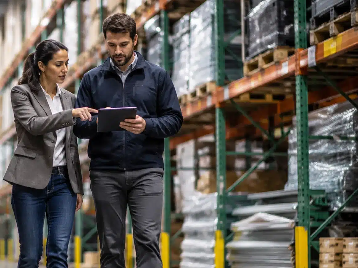 A woman and a man walking a warehouse aisle together looking at a tablet