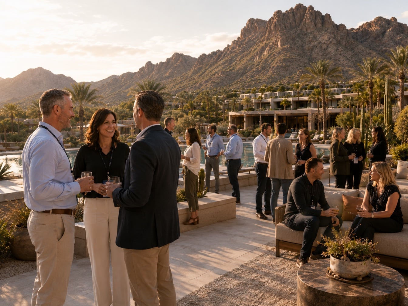 Conference attendees talking at a poolside reception, with the mountains behind Mountain Shadows Resort at golden hour