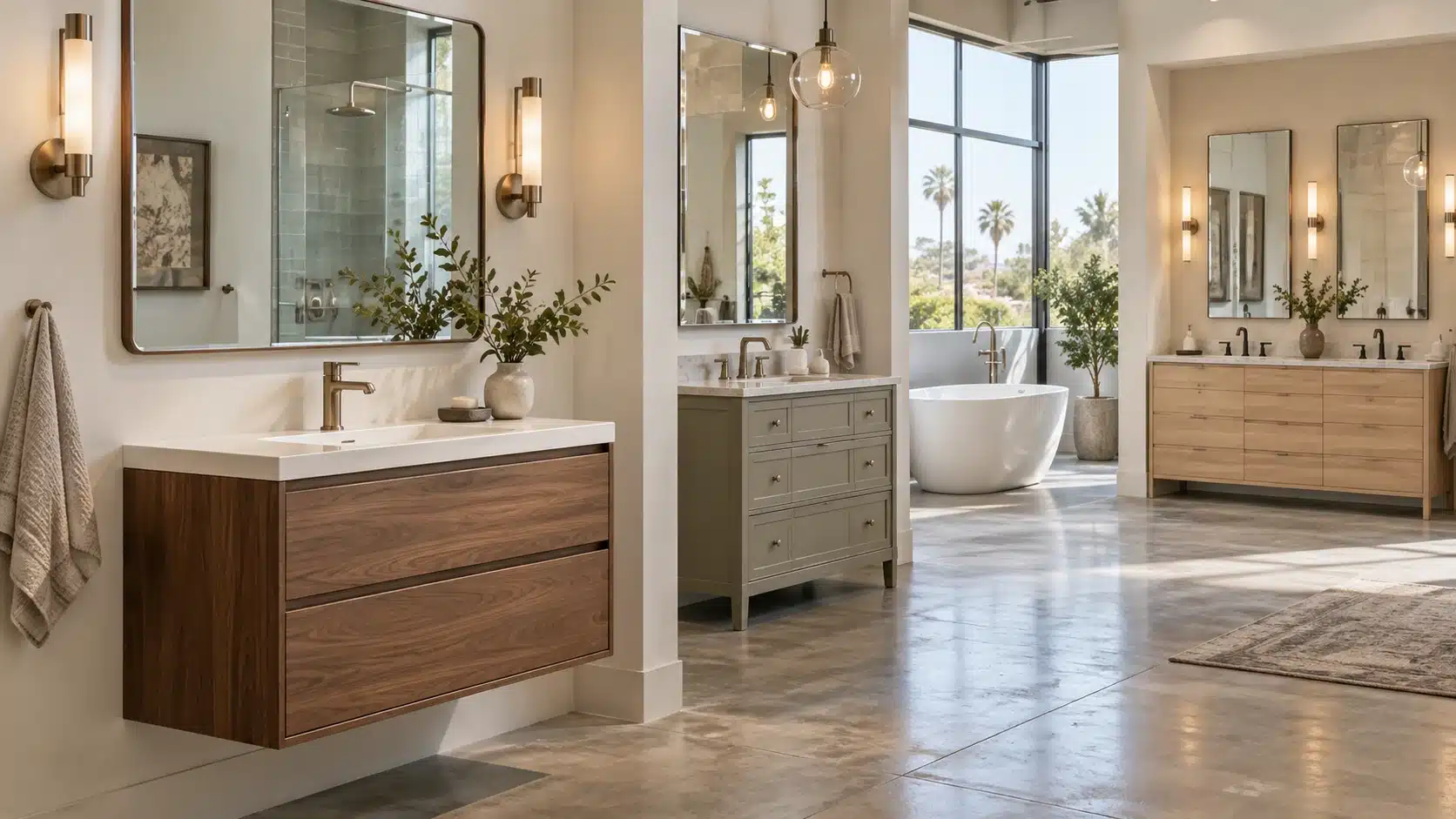 Illustrative bathroom showroom with a range of vanity displays.