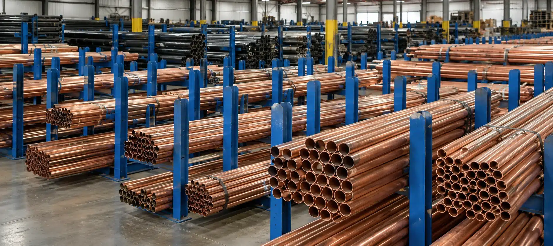Illustrative copper tubing stored in blue steel warehouse racks.