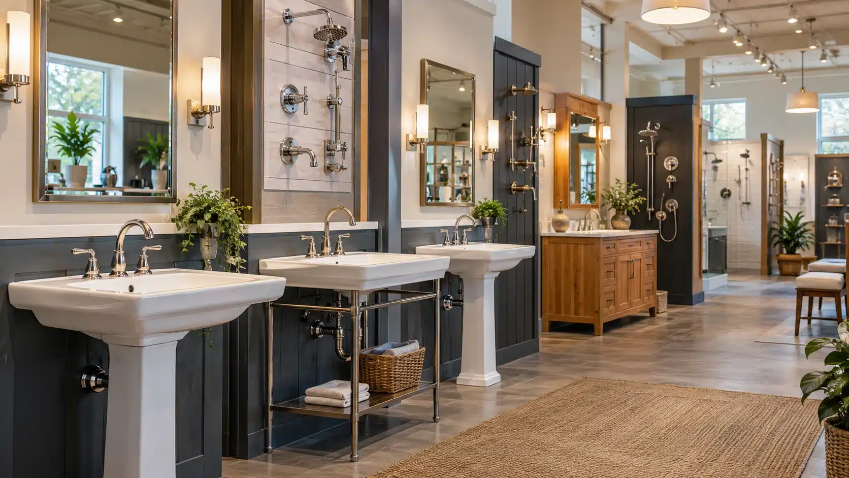 Illustrative kitchen and bath showroom with faucet and basin displays.
