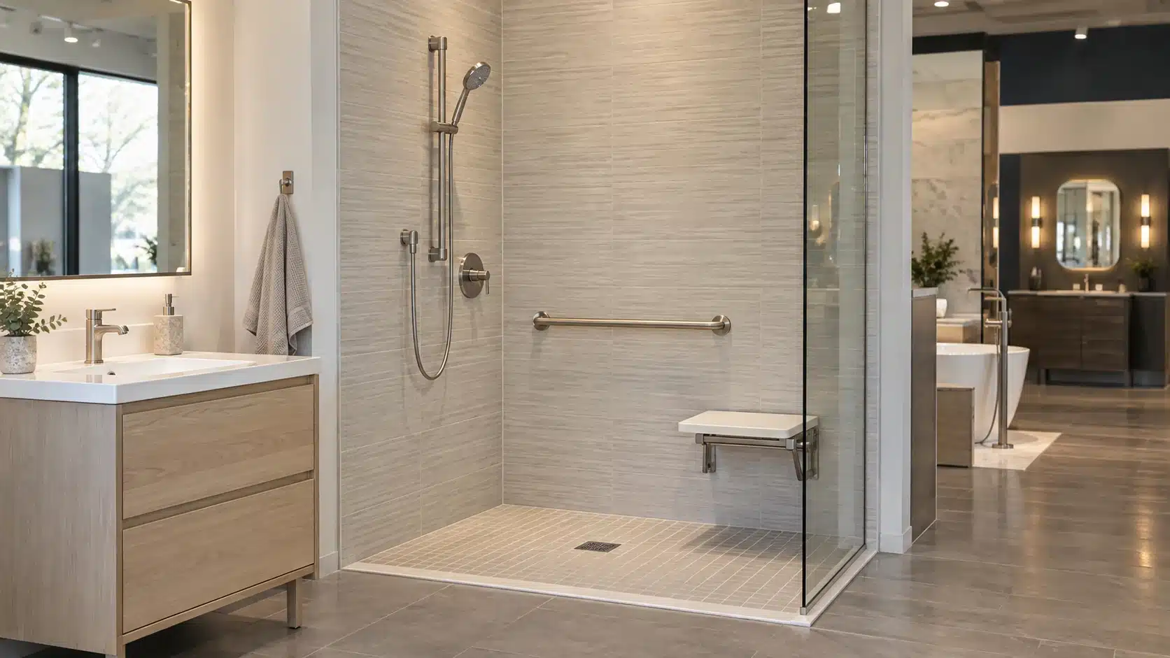 Illustrative showroom display with an accessible shower and bathroom vanity.