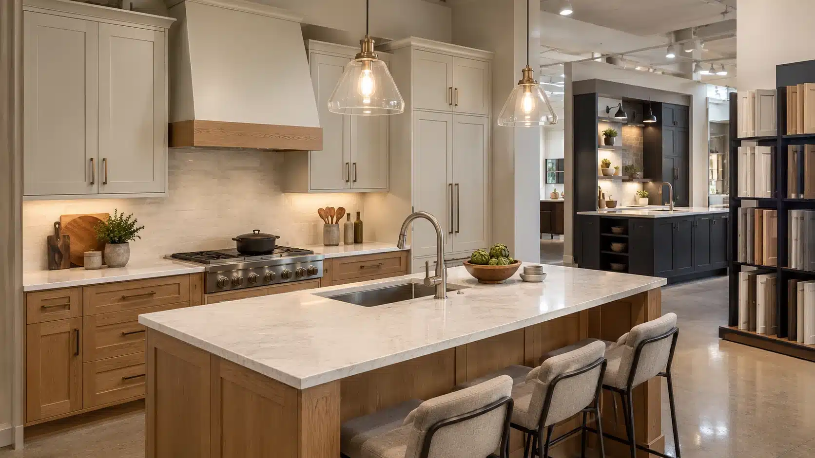 Illustrative kitchen showroom with cabinetry, fixtures and pendant lighting.