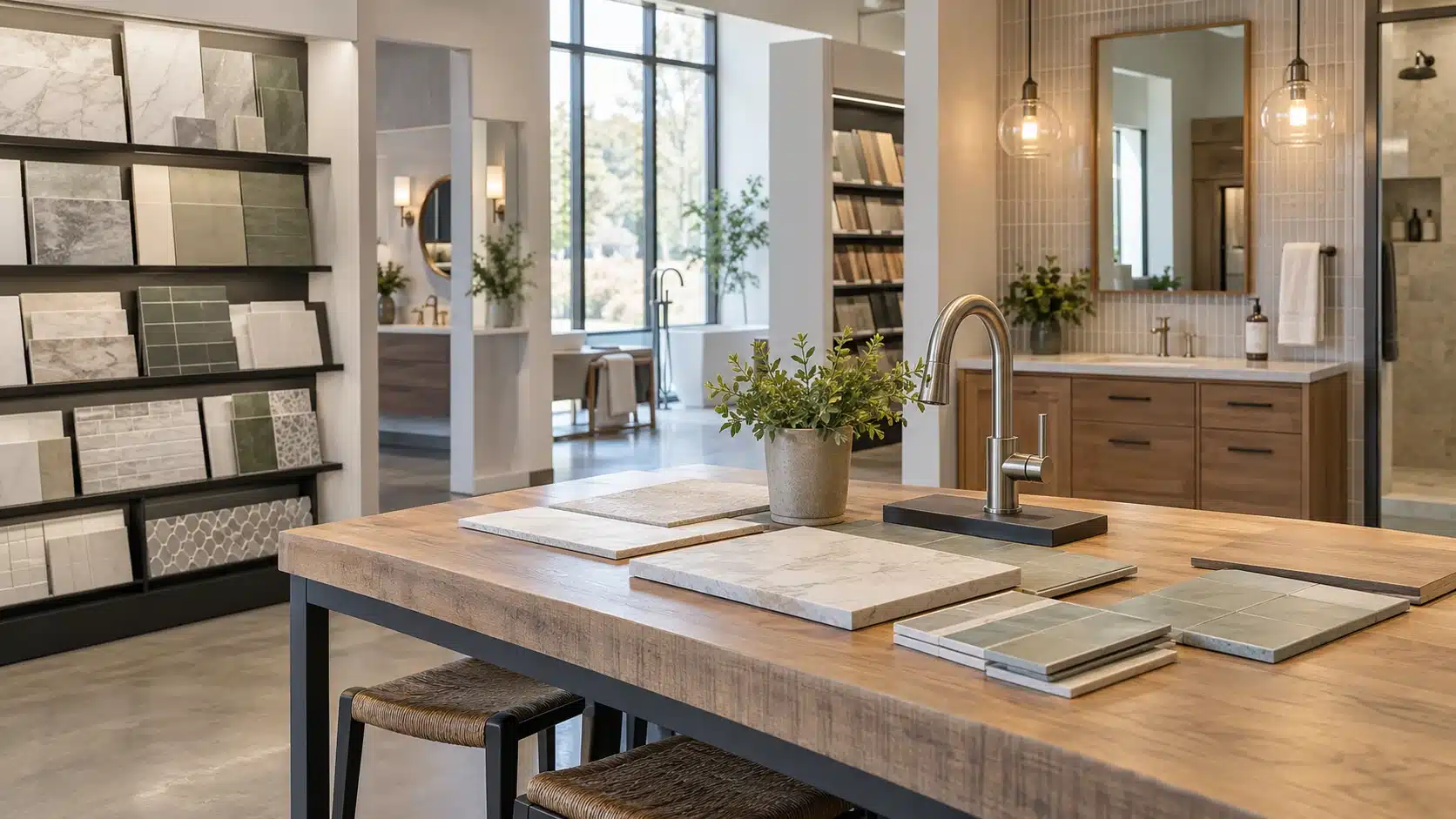 Illustrative showroom combining tile samples, bath fixtures and lighting.